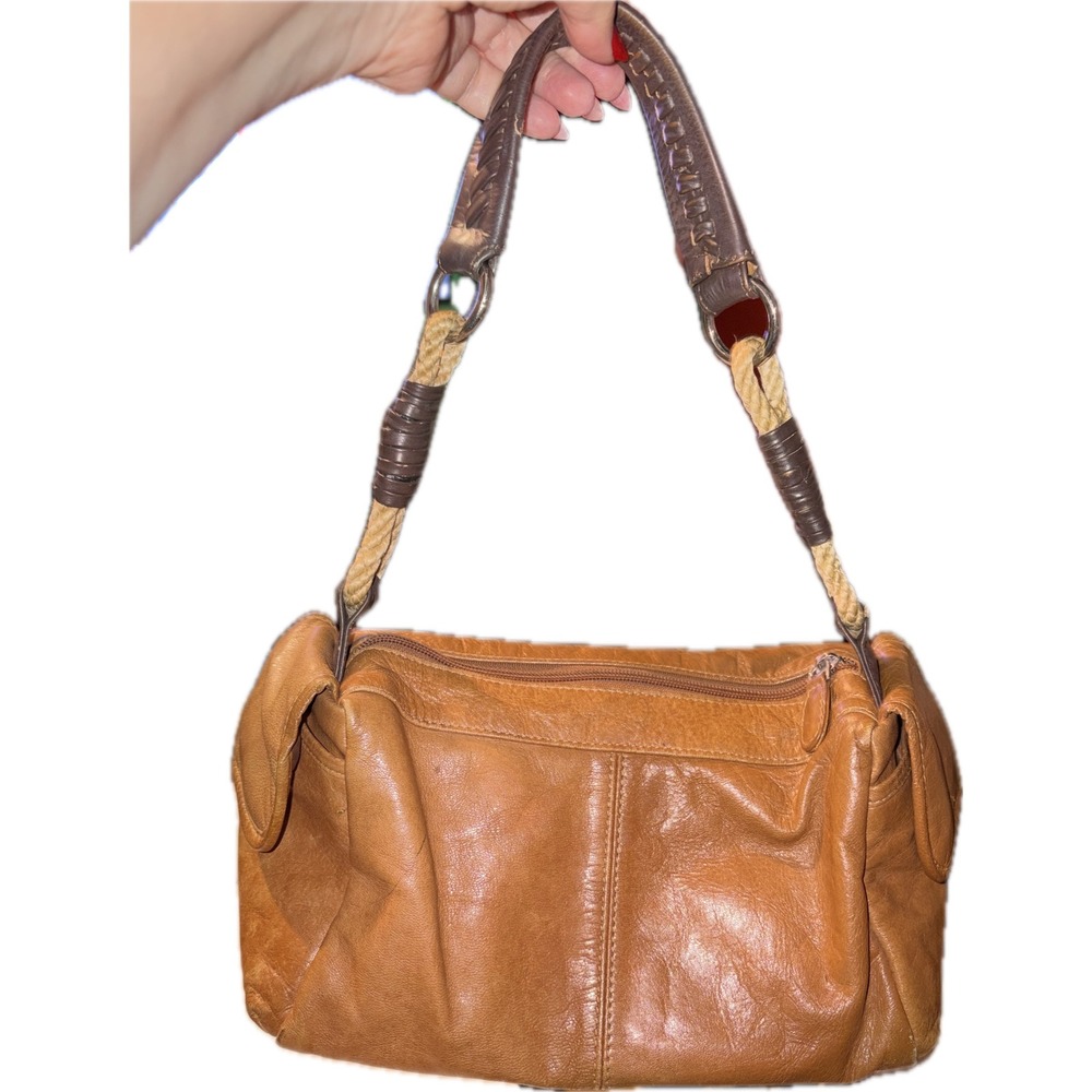 Vintage Y2K Genuine Leather Shoulder Bag Tan Boho Grunge DAMAGED/STAINED